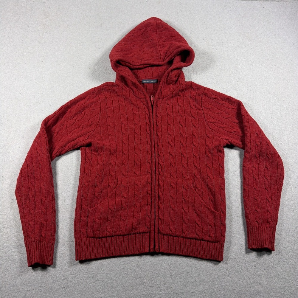 Brandy Melville Sweater Womens Medium Red Hooded Cable Knit Full Zip Wool Blend